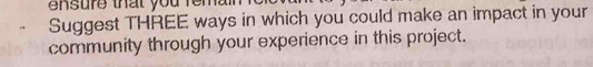ure tha t you i 
Suggest THREE ways in which you could make an impact in your 
community through your experience in this project.