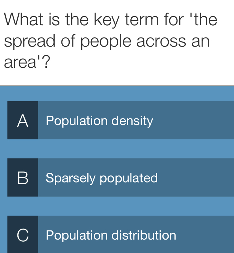 Solved: What is the key term for 'the spread of people across an area ...