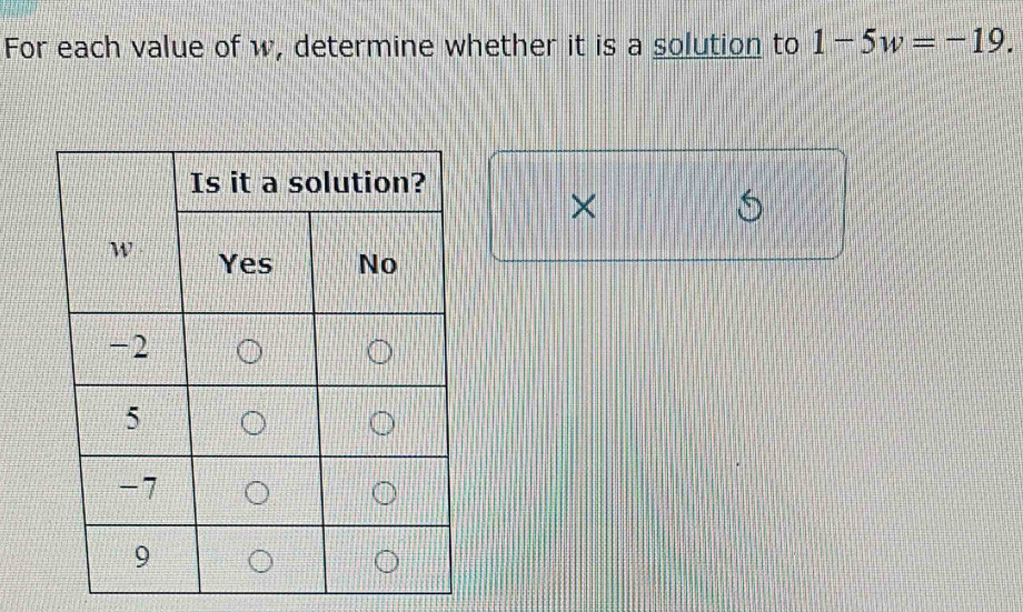 For each value of w, determine whether it is a solution to 1-5w=-19. 
×