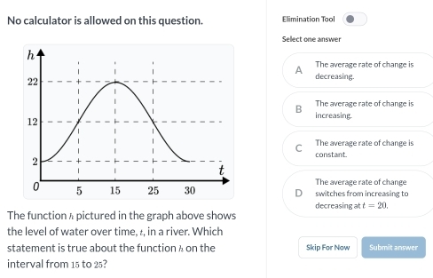 No calculator is allowed on this question. Elimination Tool
Sellect one answer
The average rate of change is
A decreasing.
The average rate of change is
B increasing.
C The average rate of change is
constant.
The average rate of change
switches from increasing to
decreasing at t=20. 
The function λ pictured in the graph above shows
the level of water over time, ¿, in a river. Which
statement is true about the function λ on the Skip For Now Submit answer
interval from 15 to 25?