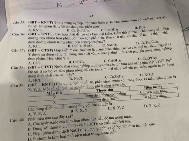 (SBT - KNTT) Trong nông nghiệp, trộn urea hoặc phân đạm ammonium với chất nào sau đây
thi sẽ làm giảm đáng kể tác dụng của phân đạm?
D. KCl.
A. KNO₃. B. Ca(H_2PO_4)_2. C. Ca(OH)
Câu 36: (SBT ~ KNTT) Các hợp chất đễ tan của kim loại kiêm, kiêm thổ là thành phần cung cấp dinh
và (C
đưỡng của nhiều loại phân bón hoá học phố biển. Hợp chất nào sau dây dể tan, là thành phần
diình dưỡng chính trong phân bón superphosphate?
A. KCl. B. CaSO_4.2H_2O. C. NaNO_3. D.
Câu 37: (SBT -  CTST) Hợp chất Y của calcium là thành phân chính của vô các loại ốc, sò.... Ngoài ra Ca(H_2PO_4)_2. u
Y được sử dụng rộng rãi trong sản xuất vôi, xỉ mang, thuy tinh, chất phụ gia trong công nghiệp
thực phẩm. Hợp chất Y là
A. CaO. B. CaCO_3. C.
Câu 38: (SBT - CTST) Nước thải công nghiệp thường chứa các ion kim loại nặng như Ca(OH)_2. D. Ca_3(PO_4)_2. Hg^(2+),Pb^(2+),Fe^(3+).
Để xử lí sơ bộ và làm giảm nồng độ các ion kim loại nặng với chi phí thấp, người ta sử dụng
dung dịch chất nào sau đây? D.
A. HCl. B. NaCl. C. Ca(OH)_2.
Cối ăn, phèn chua, nước vôi trong được kí hiệu ngẫu nhiên là K_2SO_4.
Các dung dịch ban đầu tươ
A. Y, Z, X. B. Z, X,Y. C. X, Y, Z. 
Câu 40: Phát biểu nào sau đây sai?
A. Các hydroxide của kim loại nhóm IIA đều đễ tan trong nước.
B. Đung sôi dung dịch CaCl_2 và NaHCO_3 có xuất hiện kết tuá.
C. Điện phân dung dịch NaCl (điện cực graphite) có bọt khí ở cả hai điện cực.
D. Sodium là kim loại phổ biến nhất trong nước biển.