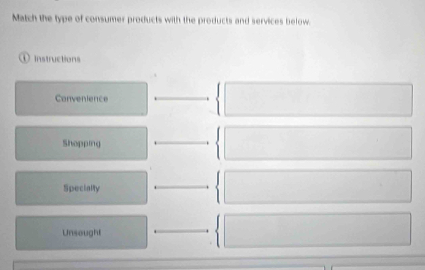 Match the type of consumer products with the products and services below.
Instructions
Convenience
Shopping .
Specialty
Unsaught