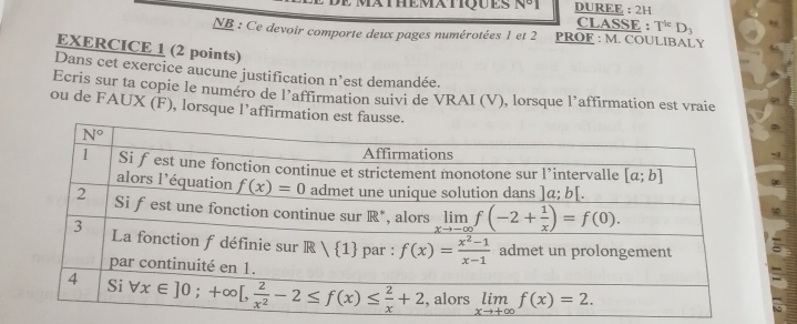 N°I DUREE : 2H
CLASSE : T^(le)D_3
NB : Ce devoir comporte deux pages numérotées 1 et 2 PROF : M. COULIBALY
EXERCICE 1 (2 points)
Dans cet exercice aucune justification n’est demandée.
Ecris sur ta copie le numéro de l’affirmation suivi de VRAI (V), lorsque l’affirmation est vraie
ou de FAUX (F), lorsque l’affirmation es