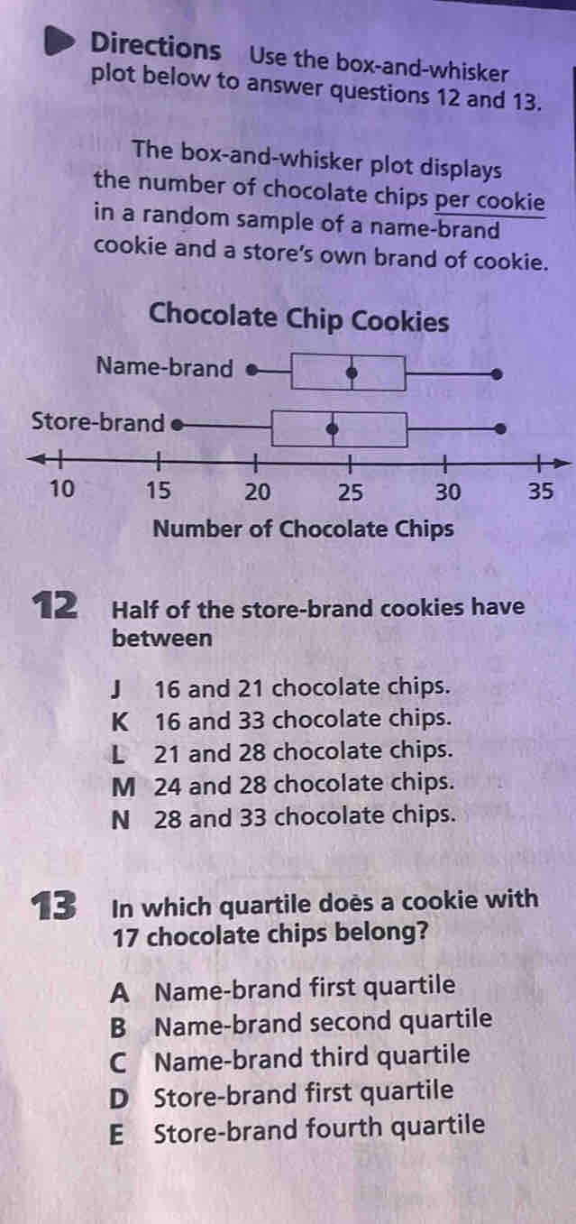 Directions Use the box-and-whisker
plot below to answer questions 12 and 13.
The box-and-whisker plot displays
the number of chocolate chips per cookie
in a random sample of a name-brand
cookie and a store’s own brand of cookie.
Chocolate Chip Cookies
Name-b
Number of Chocolate Chips
12 Half of the store-brand cookies have
between
J 16 and 21 chocolate chips.
K 16 and 33 chocolate chips.
L 21 and 28 chocolate chips.
M 24 and 28 chocolate chips.
N 28 and 33 chocolate chips.
13 In which quartile doès a cookie with
17 chocolate chips belong?
A Name-brand first quartile
B Name-brand second quartile
C Name-brand third quartile
D Store-brand first quartile
E Store-brand fourth quartile