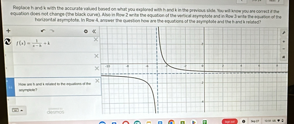 Replace h and k with the accurate valued based on what you explored with h and k in the previous slide. You will know you are correct if the 
equation does not change (the black curve). Also in Row 2 write the equation of the vertical asymptote and in Row 3 write the equation of the 
horizontal asymptote. In Row 4, answer the question how are the equations of the asymptote and the h and k related? 
+
f(x)= 1/x-h +k
How are h and k related to the equations of the 
asymptote? 
pneerd by 
desmos 
Sign out Sep 27 12:51 US 。