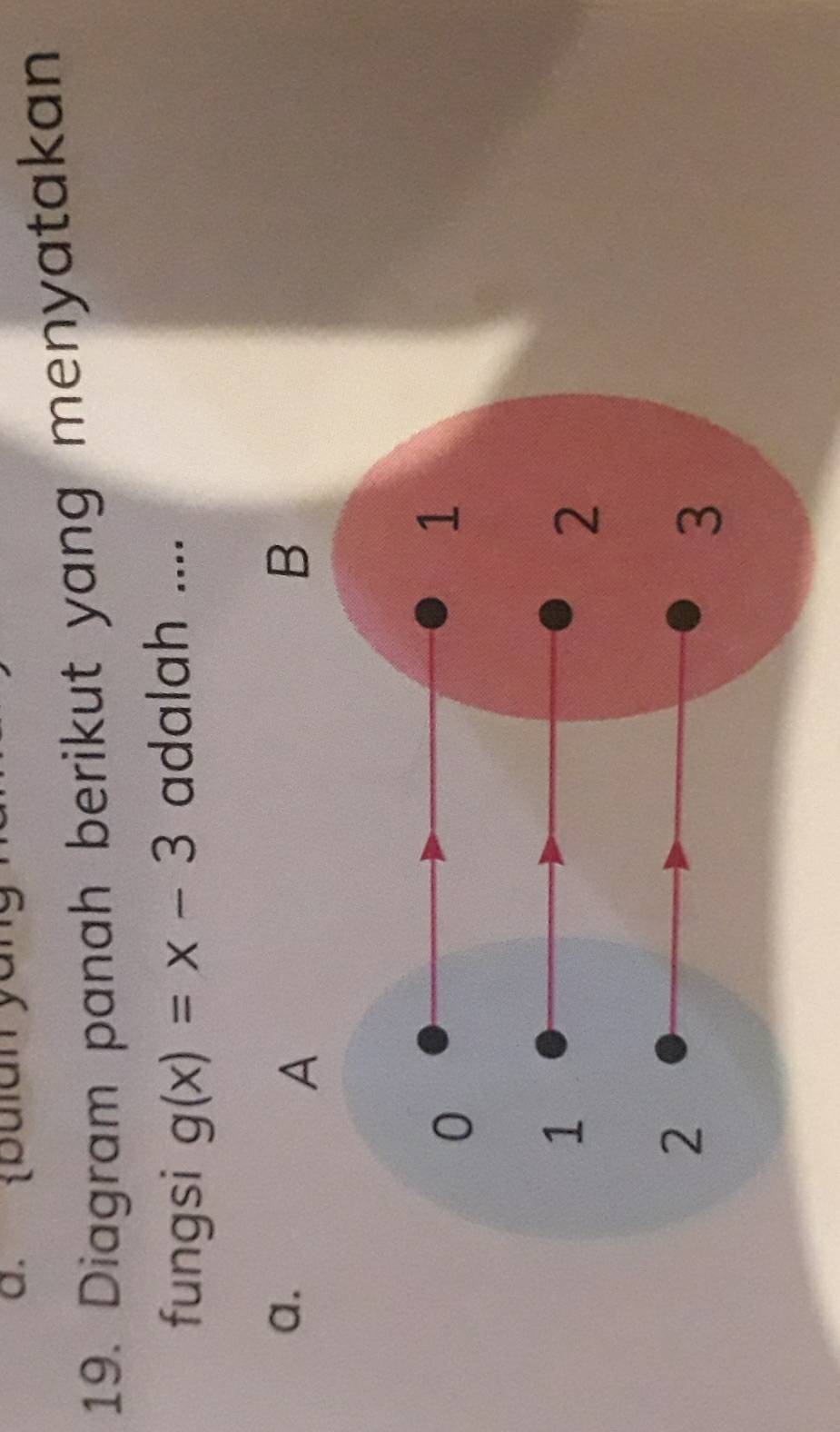 bulan yu
19. Diagram panah berikut yang menyatakan
fungsi g(x)=x-3 adalah ....
a