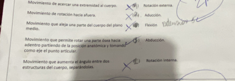 Movimiento de acercar una extremidad al cuerpo. ) Rotación externa.
Movimiento de rotación hacia afuera.
Aducción.
Movimiento que aleja una parte del cuerpo del plano Flexión
medio.
Movimiento que permite rotar una parte ósea hacia ) Abducción.
adentro partiendo de la posición anatómica y tomando
como eje el punto articular.
Movimiento que aumenta el ángulo entre dos  Rotación interna.
estructuras del cuerpo, separándolas.