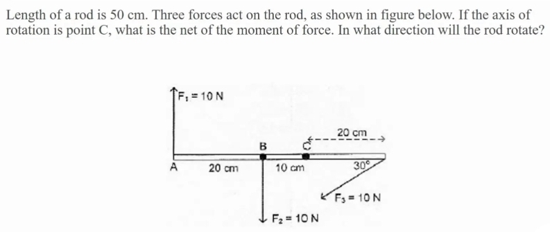 Length of a rod is 50 cm. Three forces act on the rod, as shown in figure below. If the axis of
rotation is point C, what is the net of the moment of force. In what direction will the rod rotate?