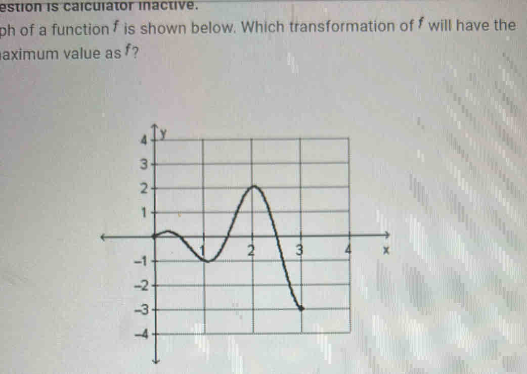 estion is calculator inactive. 
ph of a function f is shown below. Which transformation of f will have the 
aximum value as f?