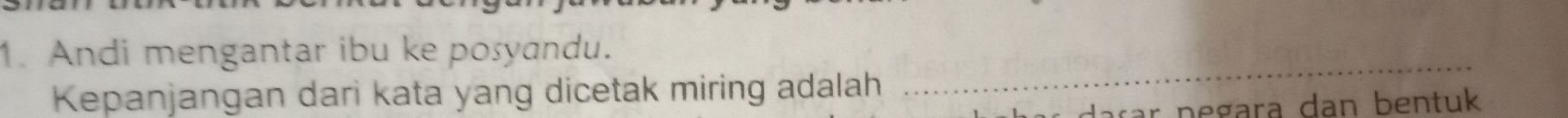 Andi mengantar ibu ke posyandu. 
Kepanjangan dari kata yang dicetak miring adalah 
_ 
daçar negara dan bentuk