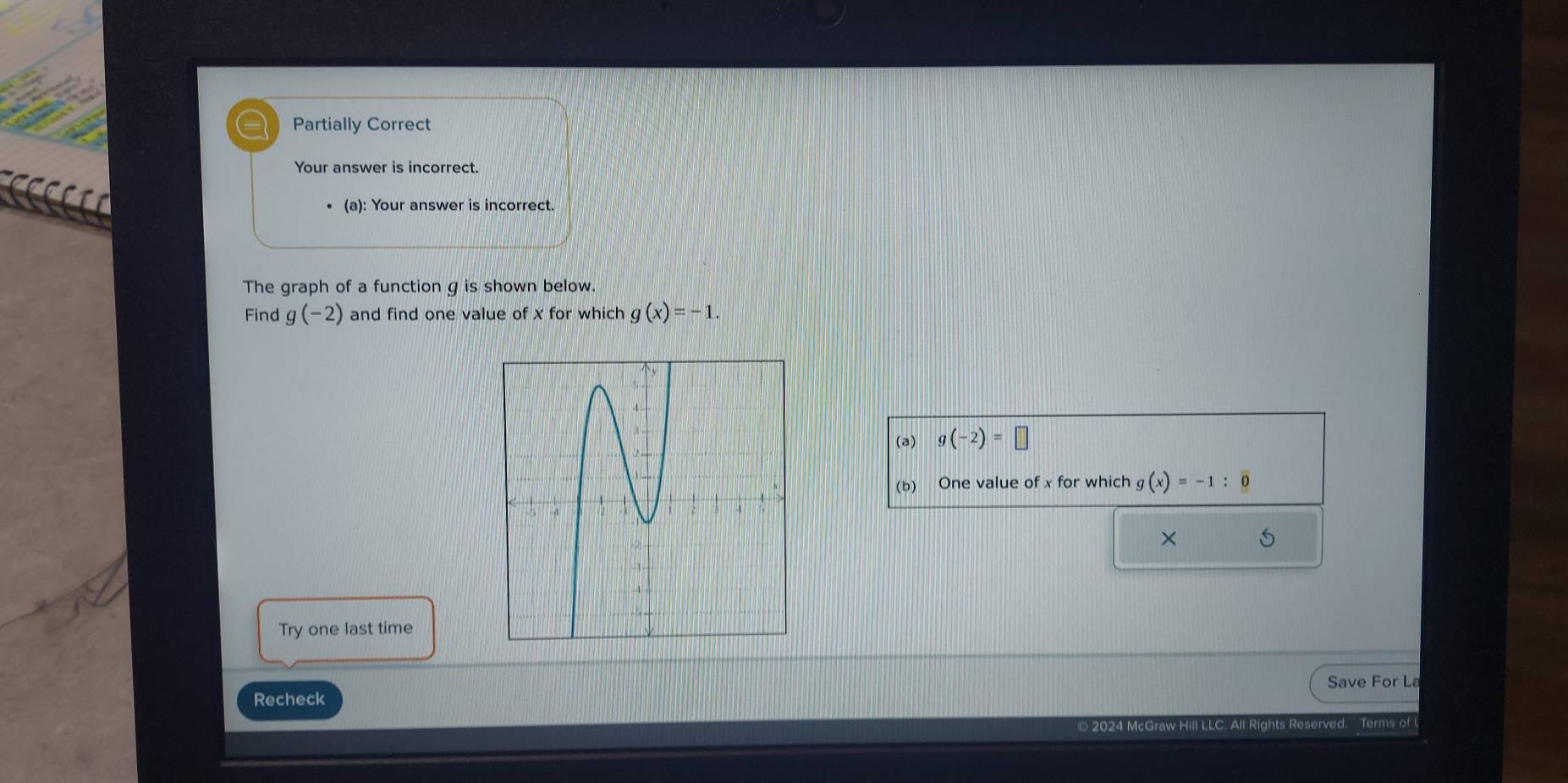 Partially Correct 
Your answer is incorrect. 
(a): Your answer is incorrect. 
The graph of a function g is shown below. 
Find g(-2) and find one value of x for which g(x)=-1. 
(a) g(-2)=□
(b) One value of x for which g(x)=-1:0
× 
Try one last time 
Recheck Save For La 
served. Terms of