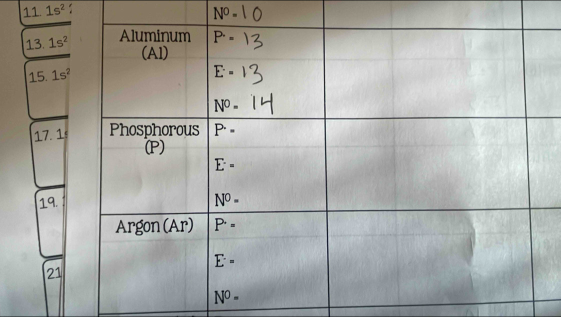 1s^2
N^0=
13. 1s^2
15 1s^2
17. 1s
19.
21