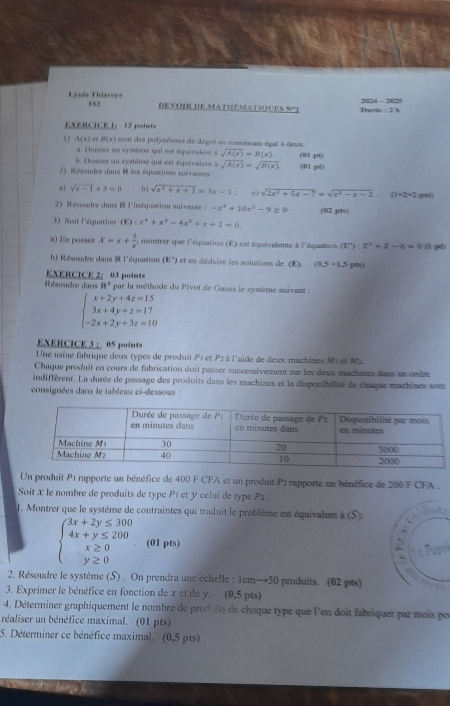 Nã
Lycée Thiaroye 1N2 devoir de mathématiques n'3 Durée : 2 3
EXENCICE 1： 12 pointa
A(x) et #(x) sont des polynômes de degré su mesimum égil à deux.
a. Donner un syssème qui est équévadent à sqrt(A(x))=B(x)
6. Duaner un système qui est équivalent à sqrt(A(x))=sqrt(B(x)). (63 pat) 0U pd )
2) Résoudre dans R les équations suivantes
sqrt(x-1)+3=0 b) sqrt(x^2+x+1)=3x-1 # j sqrt(2x^2+5x-7)=sqrt(x^2-x-2). ()-2+2 pts)
2) Résnadre dans R l'inséquation suivanse : -x^4+10x^2-9≥ 0 (62 pts)
3) Soit l'équation  (1) x^4+x^3-4x^2+x+1=0
a) En posant x-x+ 1/x  , montrer que l'équation (E) est équivalente à l'équation (E):X^2+Z-6=0(1!= 0
h) Résoudre dans  l'équation (E°) et en déduire les solutions de (E). (0,5+1,5
EXERCICE 2: 03 points
Résoudre dans R^3 par la méthode du Pivot de Gauss le système suivant :
beginarrayl x+2y+4z=15 3x+4y+z=17 -2x+2y+3z=10endarray.
EXERCICE 3 : 05 points
Une usine fabrique deux types de produit P1 et P2 à l'aide de deux machines M1 et M2.
Chaque produit en cours de fabrication doit passer successivement sur les deux machines dans un ordre
indiffèrent. La durée de passage des produits dans les machines et la disponibilité de chaque machines sont
consignées dans le tableau ci-dessous :
Un produit P1 rapporte un bénéfice de 400 F CFA et un produit P2 rapporte un bénéfice de 200 F CFA .
Soit X le nombre de produits de type P1 et y celui de type Pz .
1. Montrer que le système de contraintes qui traduit le problème est équivalent à (S):
beginarrayl 3x+2y≤ 300 4x+y≤ 200 x≥ 0 y≥ 0endarray. (01 pts)
2. Résoudre le système (5) . On prendra une échelle : 1cm→50 produits. (02 pts)
3. Exprimer le bénéfice en fonction de x et de y. (0,5 pts)
4. Déterminer graphiquement le nombre de produits de chaque type que l'on doit fabriquer par mois po
réaliser un bénéfice maximal. (01 pts)
5. Déterminer ce bénéfice maximal. (0,5 pts)