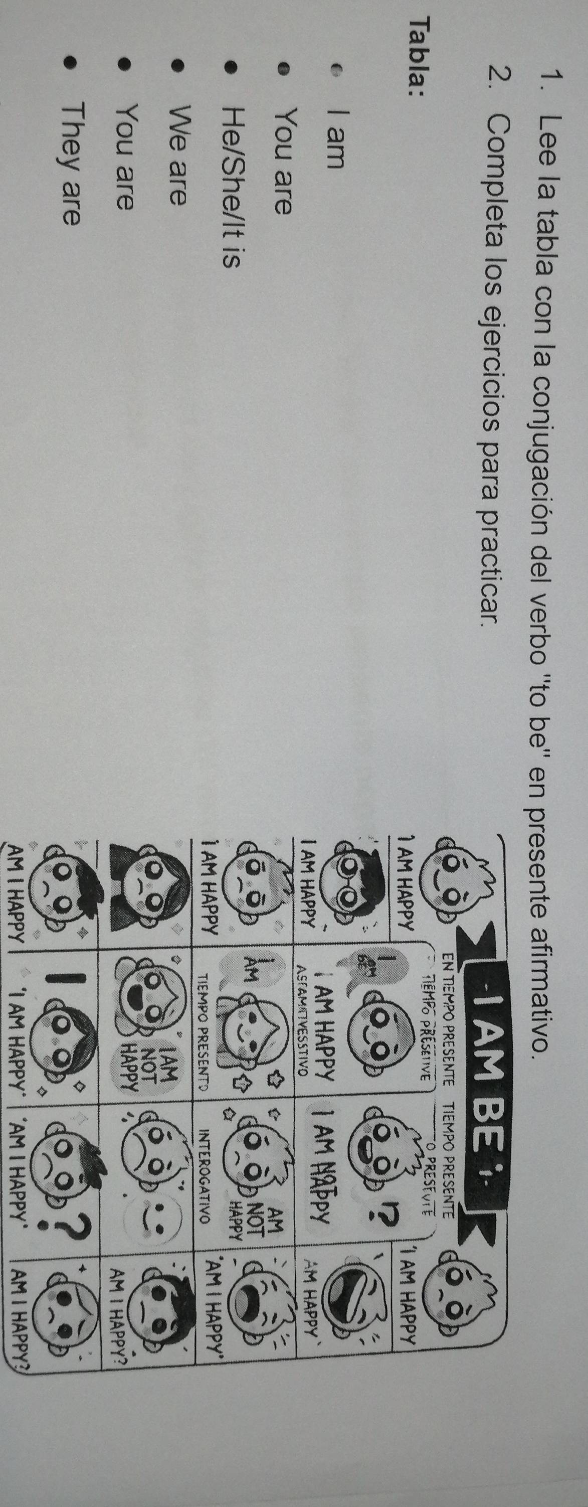 Lee la tabla con la conjugación del verbo ''to be'' en presente afirmativo. 
2. Completa los ejercicios para practicar. 
Tabla: 
I am 
You are 
He/She/It is 
We are 
You are 
They are 
AM I HAPPY "I AM HAPPY" "AM I HAPPY" AM I HAPPY