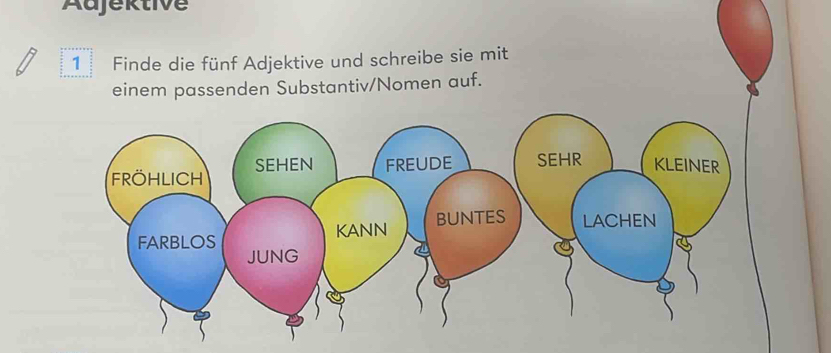 Adjektive 
1 Finde die fünf Adjektive und schreibe sie mit 
einem passenden Substantiv/Nomen auf.