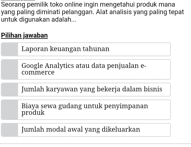 Seorang pemilik toko online ingin mengetahui produk mana
yang paling diminati pelanggan. Alat analisis yang paling tepat
untuk digunakan adalah...
Pilihan jawaban
Laporan keuangan tahunan
Google Analytics atau data penjualan e-
commerce
Jumlah karyawan yang bekerja dalam bisnis
Biaya sewa gudang untuk penyimpanan
produk
Jumlah modal awal yang dikeluarkan