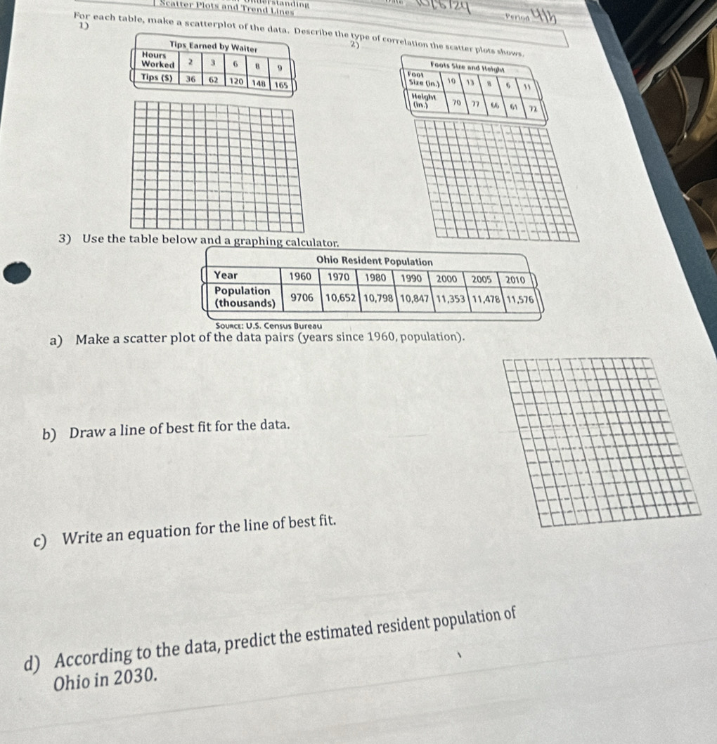 Scatter Plots and Trend Lines r s tanding 
Period 
1) 
For each table, make a scatterplot of the dataribe the type of correlation the scatter pl 
2) 

3) Use the table below and a graphing calcula 
Source: U.S. Census Bureau 
a) Make a scatter plot of the data pairs (years since 1960, population). 
b) Draw a line of best fit for the data. 
c) Write an equation for the line of best fit. 
d) According to the data, predict the estimated resident population of 
Ohio in 2030.