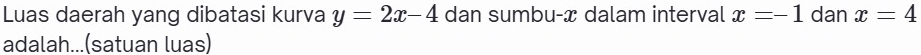 Luas daerah yang dibatasi kurva y=2x-4 dan sumbu- x dalam interval x=-1 dan x=4
adalah...(satuan luas)