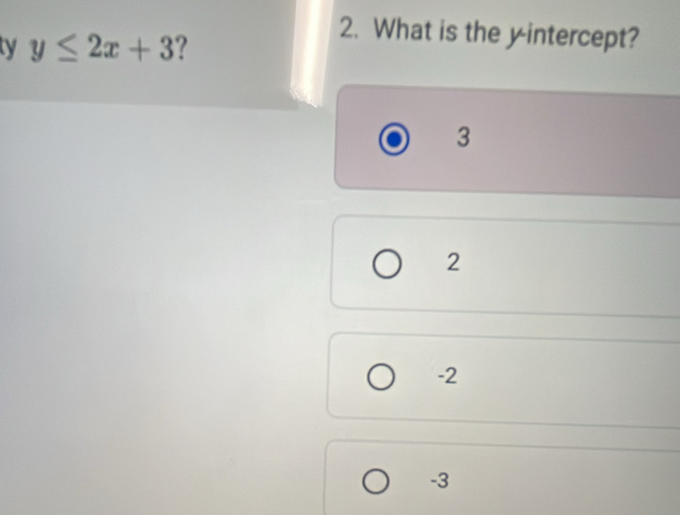 ty y≤ 2x+3 ?
2. What is the yintercept?
3
2
-2
-3