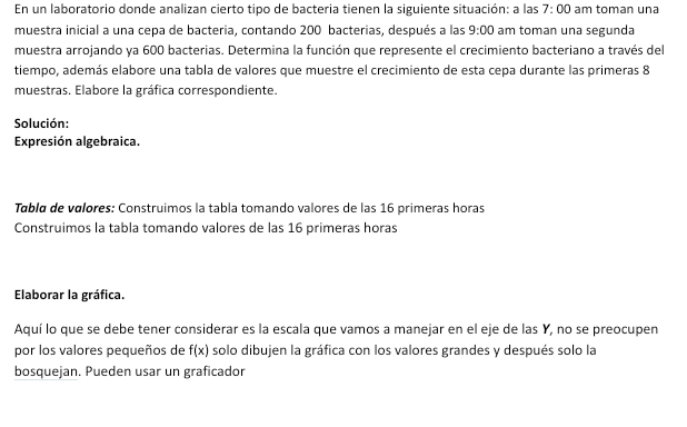 En un laboratorio donde analizan cierto tipo de bacteria tienen la siguiente situación: a las 7:00 am toman una 
muestra inicial a una cepa de bacteria, contando 200 bacterias, después a las 9:00 am toman una segunda 
muestra arrojando ya 600 bacterias. Determina la función que represente el crecimiento bacteriano a través del 
tiempo, además elabore una tabla de valores que muestre el crecimiento de esta cepa durante las primeras 8 
muestras. Elabore la gráfica correspondiente. 
Solución: 
Expresión algebraica. 
Tablø de valores: Construimos la tabla tomando valores de las 16 primeras horas 
Construimos la tabla tomando valores de las 16 primeras horas 
Elaborar la gráfica. 
Aquí lo que se debe tener considerar es la escala que vamos a manejar en el eje de las Y, no se preocupen 
por los valores pequeños de f(x) solo dibujen la gráfica con los valores grandes y después solo la 
bosquejan. Pueden usar un graficador