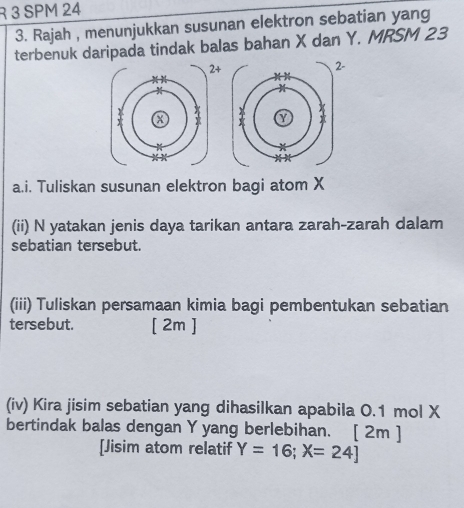 SPM 24 
3. Rajah , menunjukkan susunan elektron sebatian yang 
terbenuk daripada tindak balas bahan X dan Y. MRSM 23
- 
a.i. Tuliskan susunan elektron bagi atom X
(ii) N yatakan jenis daya tarikan antara zarah-zarah dalam 
sebatian tersebut. 
(iii) Tuliskan persamaan kimia bagi pembentukan sebatian 
tersebut. [ 2m ] 
(iv) Kira jisim sebatian yang dihasilkan apabila 0.1 mol X
bertindak balas dengan Y yang berlebihan. [ 2m ] 
[Jisim atom relatif Y=16; X=24]