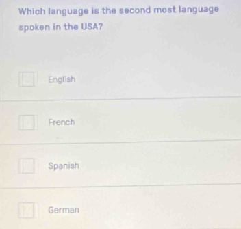 Which language is the second most language
spoken in the USA?
English
French
Spanish
German