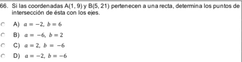 Si las coordenadas A(1,9) B(5,21) pertenecen a una recta, determina los puntos de
intersección de ésta con los ejes.
A) a=-2, b=6
B) a=-6, b=2
C) a=2, b=-6
D) a=-2, b=-6