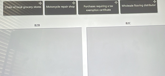 Chain of local grocery stores Motorcycle repair shop Purchases requiring a tax Wholesale flooring distributor 
exemption certificate 
B2B B2C