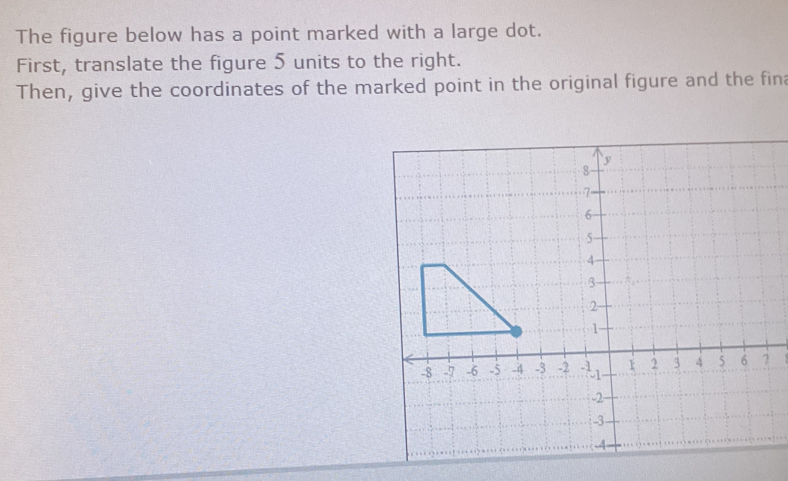 The figure below has a point marked with a large dot. 
First, translate the figure 5 units to the right. 
Then, give the coordinates of the marked point in the original figure and the fina