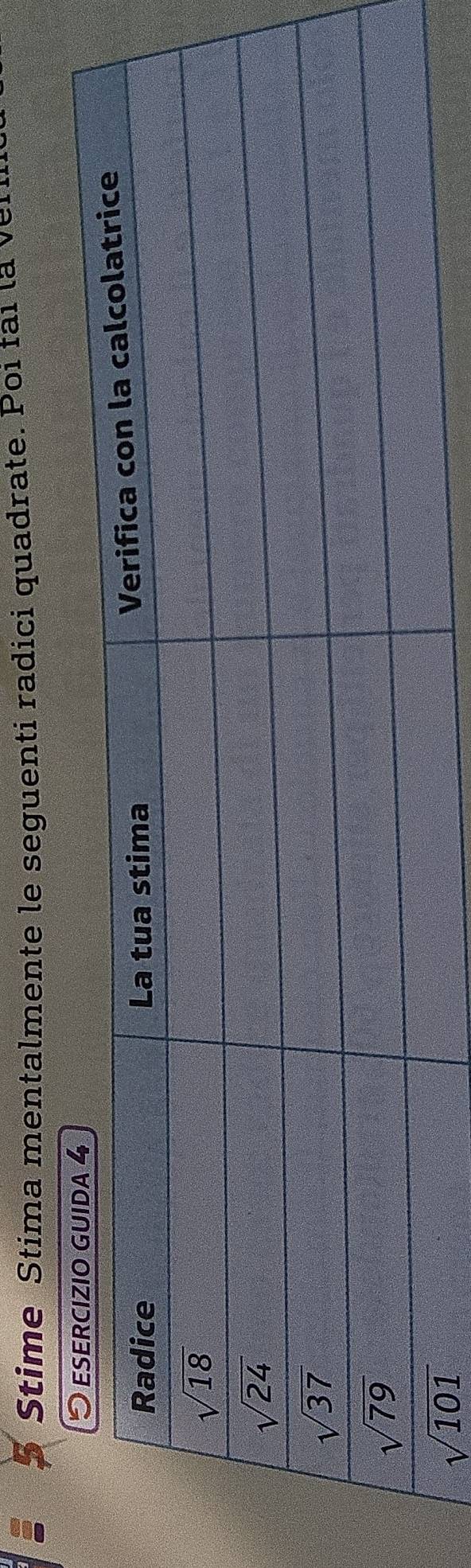 Stime Stima mentalmente le seguenti radici quadrate. Poi fai là v