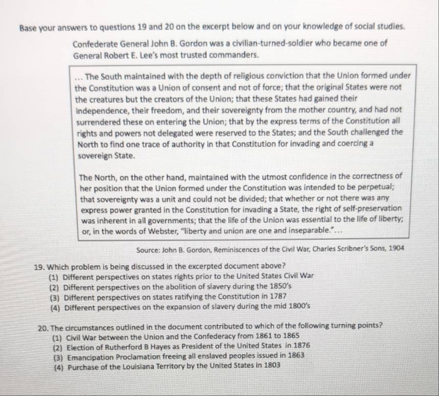 Solved: Base your answers to questions 19 and 20 on the excerpt below ...