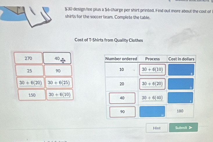 $30 design fee plus a $6 charge per shirt printed. Find out more about the cost of
shirts for the soccer team. Complete the table.
Cost of T-Shirts from Quality Clothes
270 40 
25 90
30+6(20) 30+6(25)
150 30+6(10)
Hint Submit