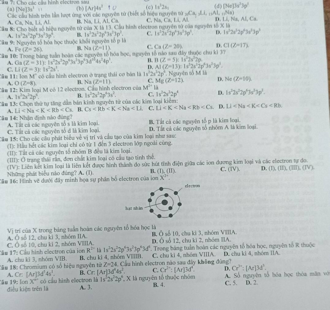 Cho các cầu hình electron sau
(a) [Ne]3s^211 (b) [Ar]4s^2 (c) 1s^22s_1 (d) [Ne]3s^23p^1
Các cầu hình trên lần lượt ứng với các nguyên tử (biết số hiệu nguyên tử _20Ca,_3Li,_13AI,_11Na)
A. Ca, Na, Li, Al. B. Na, Li, Al, Ca. C. Na, Ca, Li, Al. D. Li, Na, Al, Ca.
Cầu 8: Cho biết số hiệu nguyên tử của X là 13. Cầu hình electron nguyên tử của nguyên tox là
A. 1s^22s^22p^63s^23p^6. B. 1s^22s^22p^63s^23p^2. C. 1s^22s^22p^63s^23p^1. D. 1s^22s^22p^63s^23p^3
Câu 9: Nguyên tổ hóa học thuộc khối nguyên tố p là
A. Fe(Z=26).
B. Na(Z=11).
C. Ca(Z=20).
D. CI(Z=17).
Câu 10: Trong bảng tuần hoàn các nguyên tố hóa học, nguyên tố nào sau đây thuộc chu kì 3?
A. Ga (Z=31):1s^22s^22p^63s^23p^63d^(10)4s^24p^1.
B. B(Z=5):1s^22s^22p.
C. Li (Z=3):1s^22s^1.
D. Al(Z=13):1s^22s^22p^63s^23p^1.
Câu 11: Ion M^+ có cầu hình electron ở trạng thái cơ bản là 1s^22s^22p^6 Nguyên tố M là
A. O(Z=8). B. Na (Z=11). C. Mg(Z=12). D. N le (Z=10).
Cầu 12: Kim loại M có 12 electron. Cấu hình electron của M^(2+) là
A. 1s^22s^22p^6. B. 1s^22s^22p^63s^2. C. 1s^22s^22p^4 D. 1s^22s^22p^63s^23p^2.
Câu 13: Chọn thứ tự tăng dần bán kính nguyên tử của các kim loại kiểm:
A. Li . B. Cs C. Li D. Li
Câu 14: Nhận định nào đúng?
A. Tất cả các nguyên tố s là kim loại. B. Tất cả các nguyên tố p là kim loại.
C. Tất cả các nguyên tố d là kim loại. D. Tất cả các nguyên tố nhóm A là kim loại.
Câu 15: Cho các cầu phát biểu về vị trí và cấu tạo của kim loại như sau:
(I): Hầu hết các kim loại chỉ có từ 1 đến 3 electron lớp ngoài cùng.
(II): Tất cả các nguyên tố nhóm B đều là kim loại.
(III): Ở trạng thái rắn, đơn chất kim loại có cấu tạo tinh thể.
(IV): Liên kết kim loại là liên kết được hình thành do sức hút tĩnh điện giữa các ion dương kim loại và các electron tự do.
Những phát biểu nào đúng? A. (I). B. (I), (II). C. (IV). D. (I), (II), (III), (IV).
Câu 16: Hình vẽ dưới đây minh họa sự phân bố electron của ion X^(2+).
Vị trí của X trong bảng tuần hoàn các nguyên tố hóa học là
A. Ô số 12, chu kì 3, nhóm IIA. B. Ô số 10, chu kì 3, nhóm VIIIA.
C. Ô số 10, chu kỉ 2, nhóm VIIIA. D. Ô số 12, chu kì 2, nhóm IIA.
Cầu 17: Cấu hình electron của ion R^(2+) là 1s^22s^22p^63s^23p^63d^6. Trong bảng tuần hoàn các nguyên tố hóa học, nguyên tố R thuộc
A. chu kì 3, nhóm VIB. B. chu kì 4, nhóm VIIIB. C. chu kì 4, nhóm VIIIA. D. chu kì 4, nhóm IIA.
1âu 18: Chromium có số hiệu nguyên tử Z=24. Cấu hình electron nào sau đây không đúng?
A. Cr: [Ar]3d^54s^1. B. Cr: [Ar]3d^44s^2. C. Cr^(2+). [Ar]3d^4. D. Cr^(3+):[Ar]3d^3.
1âu 19: Ion X"" có cấu hình electron là 1s^22s^22p^6 *, X là nguyên tổ thuộc nhóm A. Số nguyên tổ hóa học thỏa mãn vớ
B. 4. C. 5.
điều kiện trên là A. 3. D. 2.