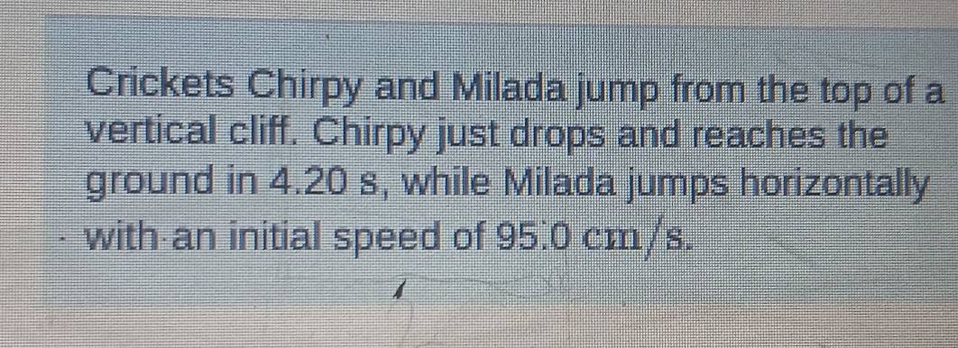 Crickets Chirpy and Milada jump from the top of a 
vertical cliff. Chirpy just drops and reaches the 
ground in 4.20 s, while Milada jumps horizontally 
with an initial speed of 95.0 cm/s.