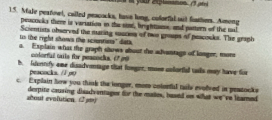 your Explananon. (3 péri 
15. Male peafowl, called peacocks, have lung, cuforfal tail feathers. Among 
peucocks there is variation in the siat, brightnese, and pattern of the mil. 
Scientists observed the mating success of two groups of peacocks. The graph 
to the right shows the scumtist" data 
a. Explain what the graph shows about the advantage of longer, usore 
colorful tafis for peasocks. (7 p0 
b Identify one disadventage that longer, mor colorful tais may have for 
peacocks. /l p 
c. Explain how you think the longer, mom colorful tails evolved in peatocks 
despite causing disadventages for the mates, based on what we 've leared 
about evolution. (2 )
