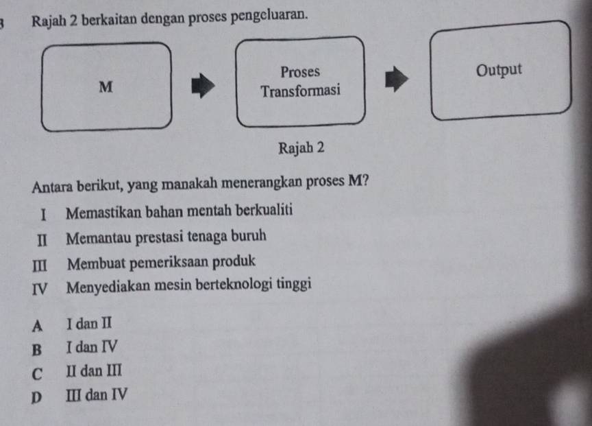 Rajah 2 berkaitan dengan proses pengeluaran.
Proses Output
M
Transformasi
Rajah 2
Antara berikut, yang manakah menerangkan proses M?
I Memastikan bahan mentah berkualiti
II Memantau prestasi tenaga buruh
III Membuat pemeriksaan produk
IV Menyediakan mesin berteknologi tinggi
A I dan II
B I dan IV
C II dan III
D Ⅲ dan IV