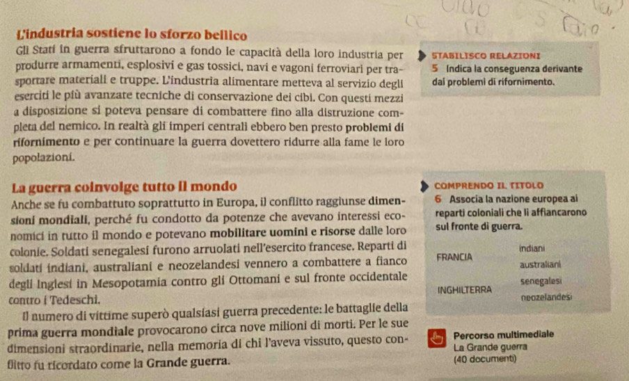 Lindustria sostiene lo sforzo bellico
Gli Statí in guerra sfruttarono a fondo le capacità della loro industria per STABILISCO RELAZIONI
produrre armamenti, esplosivi e gas tossici, navi e vagoni ferroviari per tra- 5 Indica la conseguenza derivante
sportare materiali e truppe. L'industria alimentare metteva al servizio degli daí problemi di rifornimento.
eserciti le pîù avanzate tecníche di conservazione dei cibi. Con questi mezzi
a disposizione si poteva pensare di combattere fino alla distruzione com-
pleta del nemico. In realtà gli imperí centrali ebbero ben presto problemi di
rifornimento e per continuare la guerra dovettero ridurre alla fame le loro
popolazioní.
La guerra coinvolge tutto il mondo COMPRENDO II. TITOLO
Anche se fu combattuto soprattutto in Europa, il conflitto raggiunse dimen- 6 Associa la nazione europea al
sioni mondiali, perché fu condotto da potenze che avevano interessi eco- reparti coloniali che li affiancarono
nomicí in tutto il mondo e potevano mobilitare uomini e risorse dalle loro sul fronte di guerra.
colonie. Soldati senegalesi furono arruolati nell’esercito francese. Reparti di indiani
soldati indiani, australiani e neozelandesi vennero a combattere a fianco FRANCIA australiani
degli Inglesi in Mesopotamia contro gli Ottomani e sul fronte occidentale senegalesi
INGHILTERRA
contro i Tedeschi. neozelandes
Il numero di víttime superò qualsíasi guerra precedente: le battaglie della
prima guerra mondiale provocarono circa nove milioni di morti. Per le sue
dimensioni straordinarie, nella memoria di chi l’aveva vissuto, questo con-   Percorso multimediale
La Grande guerra
flitto fu ricordato come la Grande guerra. (40 documenti)