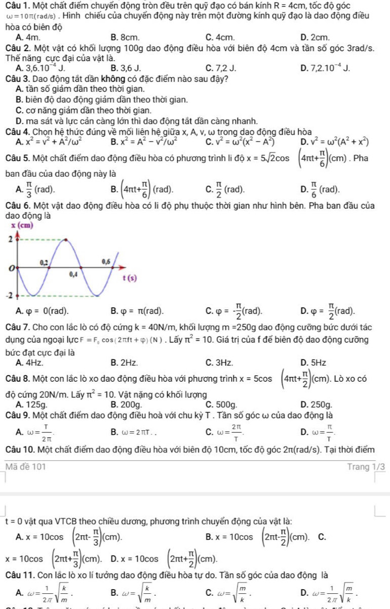 Một chất điểm chuyển động tròn đều trên quỹ đạo có bán kính R=4cm , tốc độ góc
omega =10π (rad/s). Hình chiếu của chuyển động này trên một đường kính quỹ đạo là dao động điều
hòa có biên độ
A. 4m. B. 8cm. C. 4cm. D. 2cm.
Câu 2. Một vật có khối lượng 100g dao động điều hòa với biên độ 4cm và tần số góc 3rad/s.
Thế năng cực đại của vật là.
A. 3,6.10^(-4)J. B. 3,6 J. C. 7,2 J. D. 7,2.10^(-4)J.
Câu 3. Dao động tắt dần không có đặc điểm nào sau đậy?
A. tần số giám dần theo thời gian.
B. biên độ dao động giảm dần theo thời gian.
C. cơ năng giảm dần theo thời gian.
D. ma sát và lực cản càng lớn thì dao động tắt dần càng nhanh.
Câu 4. Chọn hệ thức đúng về mối liên hệ giữa x, A, v, ω trong dao động điều hòa
A. x^2=v^2+A^2/omega^2 B. x^2=A^2-v^2/omega^2 C. v^2=omega^2(x^2-A^2) D. v^2=omega^2(A^2+x^2)
Câu 5. Một chất điểm dao động điều hòa có phương trình li dhat Qx=5sqrt(2)cos (4π t+ π /6 )(cm). Pha
ban đầu của dao động này là
A.  π /3 (rad). (4π t+ π /6 )(rad). C.  π /2 (rad). D.  π /6 (rad).
B.
Câu 6. Một vật dao động điều hòa có li độ phụ thuộc thời gian như hình bên. Pha ban đầu của
dao động là
x (cm)
A. varphi =0(rad). B. varphi =π (rad). C. varphi =- π /2 (rad). D. varphi = π /2 (rad).
Câu 7. Cho con lắc lò có độ cứng k=40N/m , khối lượng m=250g dao động cưỡng bức dưới tác
dụng của ngoại lực F=F_0cos (2π ft+varphi )(N). Lấy π^2=10. Giá trị của f để biên độ dao động cưỡng
bức đạt cực đại là
A. 4Hz. B. 2Hz. C. 3Hz. D. 5Hz
Câu 8. Một con lắc lò xo dao động điều hòa với phương trình x=5cos (4π t+ π /2 )(cm). .Ldot OXOC n
độ cứng 20N/m. Lấy π^2=10. Vật nặng có khối lượng
A. 125g. B. 200g. C. 500g. D. 250g.
Câu 9. Một chất điểm dao động điều hoà với chu kỳ T . Tần số góc ω của dao động là
A. omega = T/2π  . omega = 2π /T  omega = π /T .
B. omega =2π T... C. D.
Câu 10. Một chất điểm dao động điều hòa với biên độ 10cm, tốc độ góc 2π(rad/s). Tại thời điểm
Mã đề 101 Trang 1/3
t=0 vật qua VTCB theo chiều dương, phương trình chuyển động của vật là:
B.
A. x=10cos (2π t- π /3 )(cm). x=10cos (2π t- π /2 )(cm). C.
x=10cos (2π t+ π /3 )(cm). D. x=10cos (2π t+ π /2 )(cm).
Câu 11. Con lắc lò xo lí tưởng dao động điều hòa tự do. Tần số góc của dao động là
A. omega = 1/2π  sqrt(frac k)m. B. omega =sqrt(frac k)m. C. omega =sqrt(frac m)k. D. omega = 1/2π  sqrt(frac m)k.
