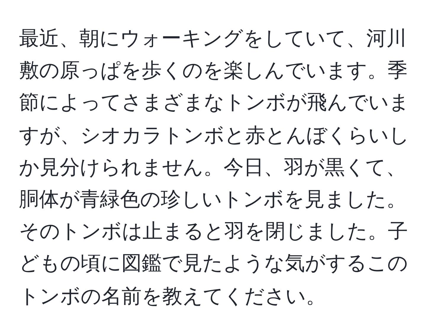 最近、朝にウォーキングをしていて、河川敷の原っぱを歩くのを楽しんでいます。季節によってさまざまなトンボが飛んでいますが、シオカラトンボと赤とんぼくらいしか見分けられません。今日、羽が黒くて、胴体が青緑色の珍しいトンボを見ました。そのトンボは止まると羽を閉じました。子どもの頃に図鑑で見たような気がするこのトンボの名前を教えてください。