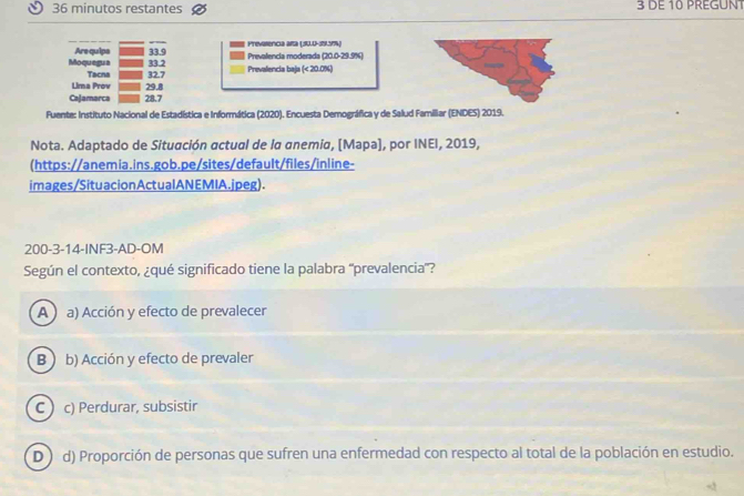 minutos restantes 3 DE 10 PREGUNT
Prevaenca arta (30.0-399.374)
Are quips 33.9 Prevalencia moderada (20.0-29.9%)
33.2 Prevalencia baja (< 20.0%)
Moquegua Tacna 32.7
Lima Prov
Cajamarca 28.7 29.8
Fuente: Instituto Nacional de Estadística e Informática (2020). Encuesta Demográfica y de Salud Familliar (ENDES) 2019.
Nota. Adaptado de Situación actual de la anemia, (Mapa], por INEI, 2019,
(https://anemia.ins.gob.pe/sites/default/files/inline-
images/SituacionActualANEMIA.jpeg).
200-3-14-INF3-AD-OM
Según el contexto, ¿qué significado tiene la palabra ''prevalencia'?
A ) a) Acción y efecto de prevalecer
B b) Acción y efecto de prevaler
C  c) Perdurar, subsistir
D d) Proporción de personas que sufren una enfermedad con respecto al total de la población en estudio.