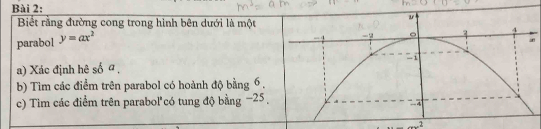 Biết rằng đường cong trong hình bên dưới là một 
parabol y=ax^2
a) Xác định hê số a. 
b) Tìm các điểm trên parabol có hoành độ bằng 6. 
c) Tìm các điểm trên parabol'có tung độ bằng −25. 
2