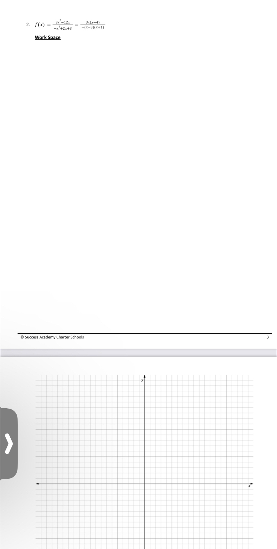 f(x)= (3x^2-12x)/-x^2+2x+3 = (3x(x-4))/-(x-3)(x+1) 
Work Space 
© Success Academy Charter Schools