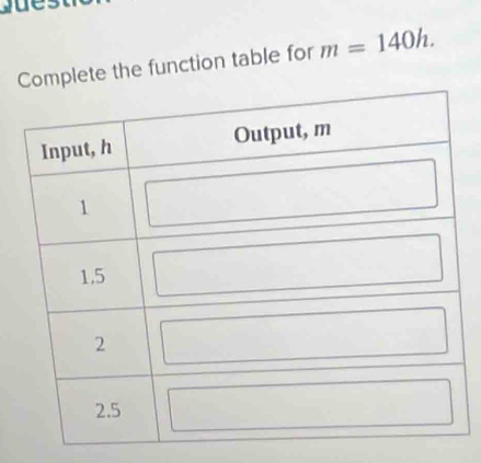 Jue 
plete the function table for m=140h.