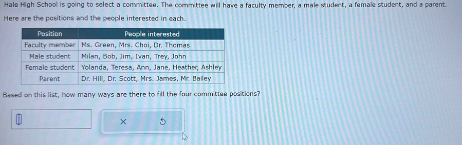 Hale High School is going to select a committee. The committee will have a faculty member, a male student, a female student, and a parent. 
Here are the positions and the people interested in each. 
Based on this list, how many ways are there to fill the four committee positions? 
×