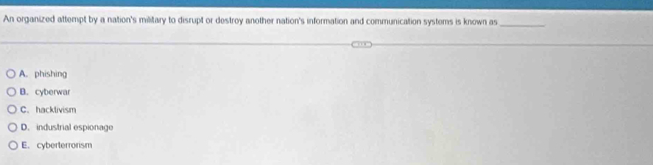 An organized attempt by a nation's military to disrupt or destroy another nation's information and communication systems is known as_
A. phishing
B. cyberwar
C.hacklivism
D. industrial espionage
E. cyberterrorism