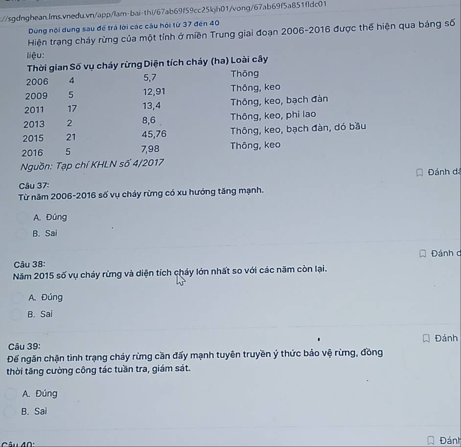 Dùng nội dung sau đế trả lời các câu hỏi từ 37 đến 40
Hiện trạng cháy rừng của một tỉnh ở miền Trung giai đoạn 2006-2016 được thế hiện qua báng số
liệu:
Thời gian Số vụ cháy rừng Diện tích cháy (ha) Loài cây
2006 4 5, 7 Thông
2009 5 12, 91 Thông, keo
2011 17 13, 4 Thông, keo, bạch đàn
2013 2 8, 6 Thông, keo, phi lao
2015 21 45, 76 Thông, keo, bạch đàn, dó bầu
2016 5 7,98 Thông, keo
Nguồn: Tạp chí KHLN số 4/2017
Câu 37: Đánh đã
Từ năm 2006-2016 số vụ cháy rừng có xu hướng tăng mạnh.
A. Đúng
B. Sai
Đánh c
Câu 38:
Năm 2015 số vụ cháy rừng và diện tích cháy lớn nhất so với các năm còn lại.
A. Đúng
B. Sai
Câu 39: Đánh
Đế ngăn chặn tình trạng cháy rừng cần đẩy mạnh tuyên truyền ý thức bảo vệ rừng, đồng
thời tăng cường công tác tuần tra, giám sát.
A. Đúng
B. Sai
Câu 40' Đánh