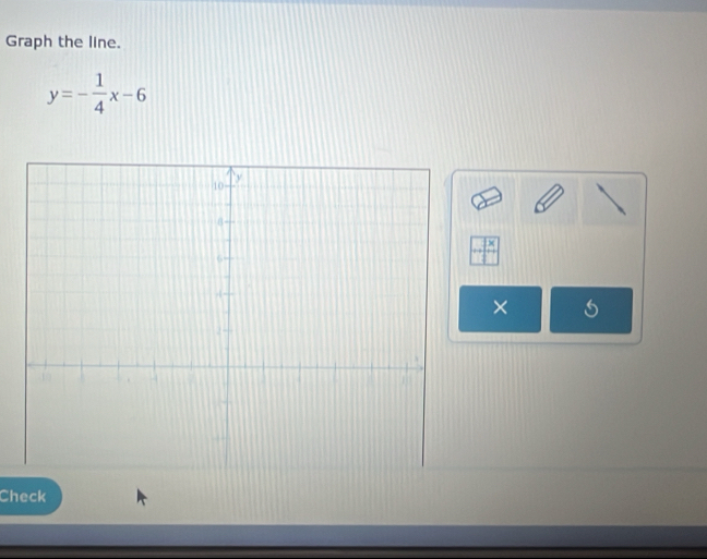 Graph the line.
y=- 1/4 x-6
× 
Check