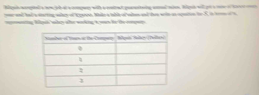 iquis nacepied a new job-at a compary with a contract peantreing anmual mises. Biquis will got a mise of Stretey 
ur and had a sturing salary of s e9000. Make a table of valnes and then write-an equntion for S, in terey of 
tepreseniting Billquis solry aller warking it yars for the compery.