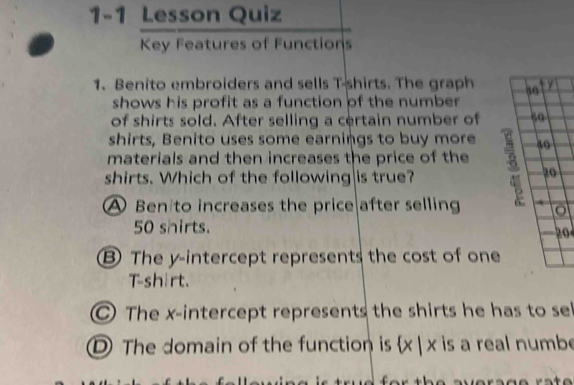 1-1 Lesson Quiz
Key Features of Functions
1. Benito embroiders and sells T-shirts. The graph bo y
shows his profit as a function of the number 
of shirts sold. After selling a certain number of so
shirts, Benito uses some earnings to buy more 
materials and then increases the price of the
shirts. Which of the following|is true?
2o
A Benito increases the price after selling
50 shirts.
⑧ The y-intercept represents the cost of one
T-shirt.
The x-intercept represents the shirts he has to sel
D The domain of the function is  x|x is a real numbe