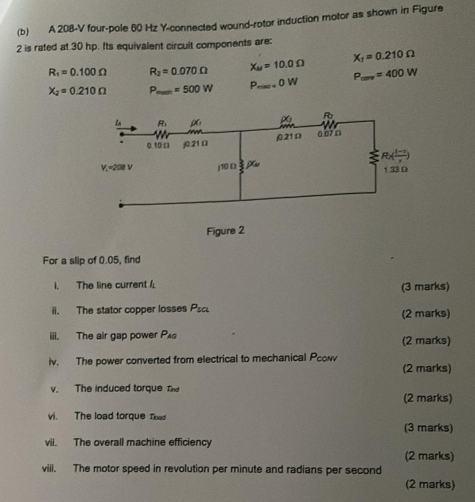 A 208-V four-pole 60 Hz Y-connected wound-rotor induction motor as shown in Figure
2 is rated at 30 hp. Its equivalent circuit components are:
R_1=0.100Omega R_2=0.070Omega X_M=10.0Omega X_1=0.210Omega
P_com=400W
X_2=0.210Omega P_min=500W P_max.0W
For a slip of 0.05, find
i, The line current 
(3 marks)
ii. The stator copper losses Psc
(2 marks)
iii. The air gap power P_AG
(2 marks)
iv. The power converted from electrical to mechanical Pcow
(2 marks)
v. The induced torque Tind
(2 marks)
vi. The load torque Tload
(3 marks)
vil. The overall machine efficiency
(2 marks)
viil. The motor speed in revolution per minute and radians per second
(2 marks)